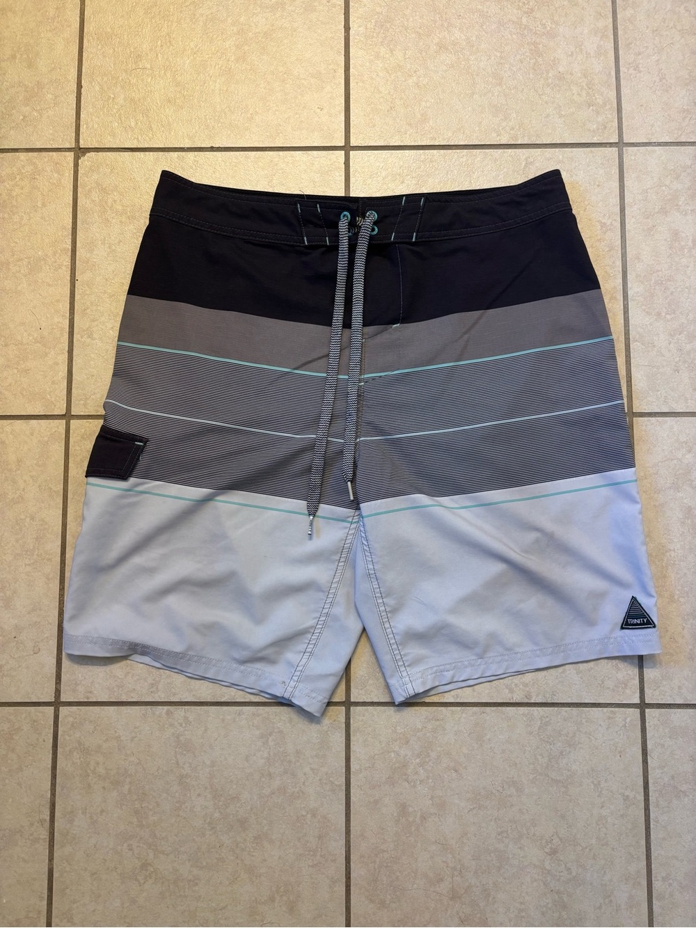 Trinity Boardshorts Mens Size 34 Gray Black Teal Striped Swim Surf Board Shorts
